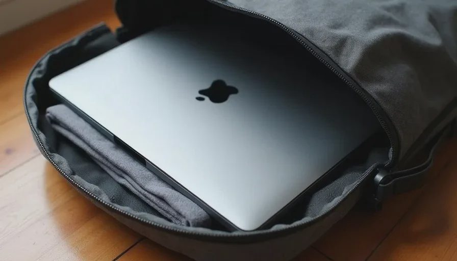 MacBook Pro 14 in suspended laptop sleeve with cloth.