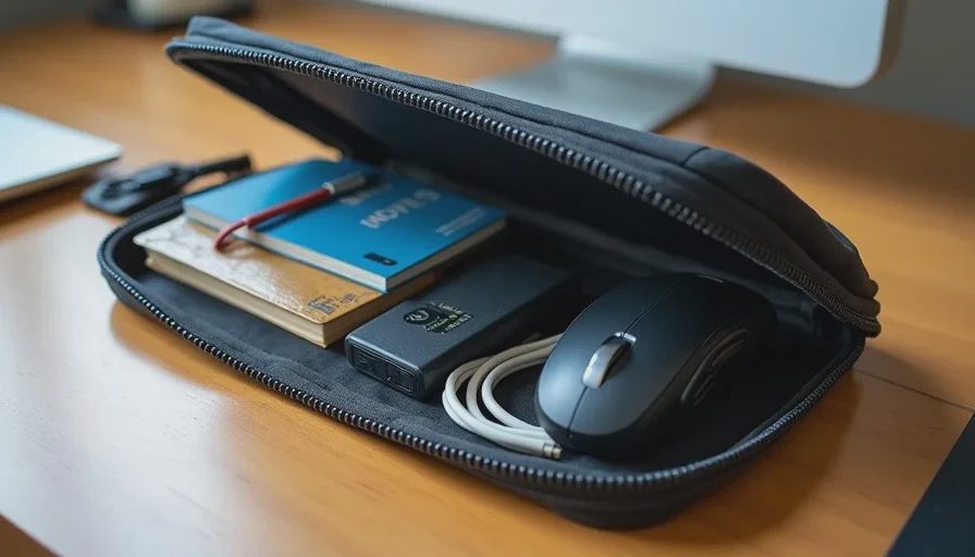 Open Peak Design Tech Pouch with charger, battery, cables, mouse.