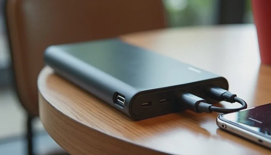 65W GaN charger charging laptop and phone at café.
