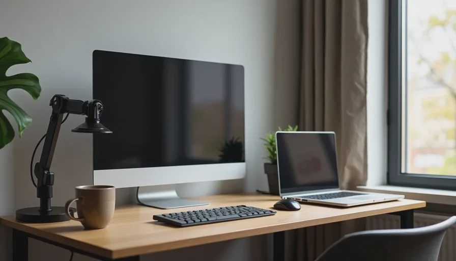 48-inch desk with one 27-inch monitor on arm in apartment corner.