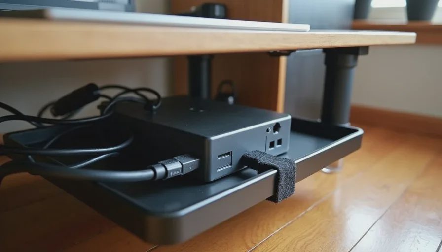 Under-desk cable tray with power strip and Velcro-tied cables.