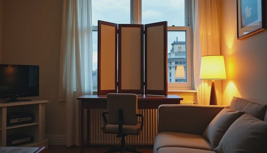 Folding screen hiding small apartment desk at end of day.