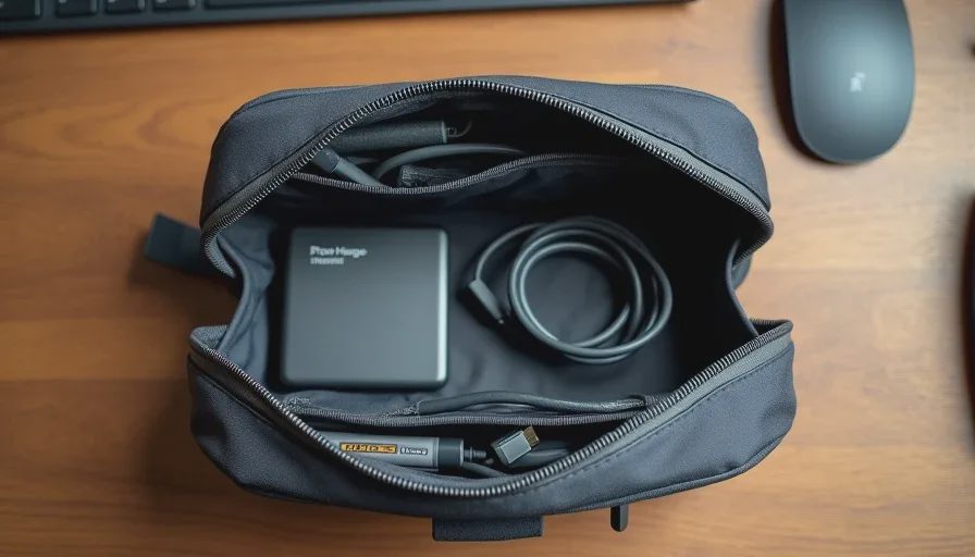 Open tech pouch with charger, battery, cables, mouse, cloth.