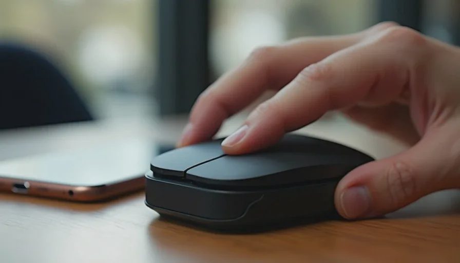 Compact wireless mouse sliding into backpack front pocket.