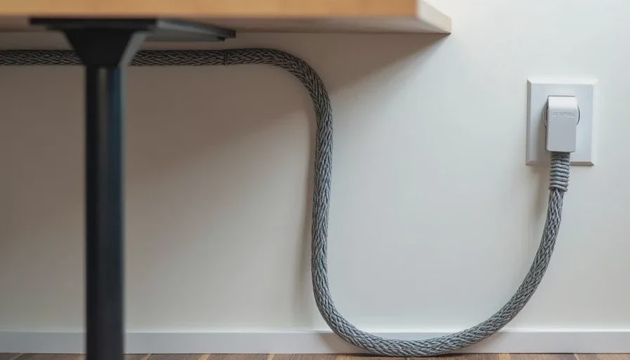 Braided cable sleeve hiding desk-to-floor cable run.