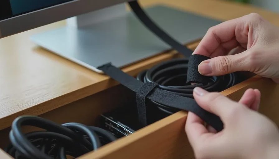 Velcro ties bundling monitor cables behind a desk.