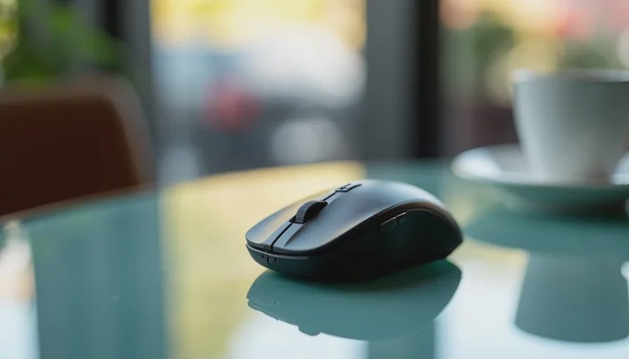 Compact wireless mouse sliding into backpack front pocket.
