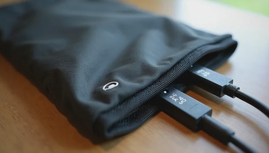 10,000mAh battery pack with built-in USB-C cable on train platform.