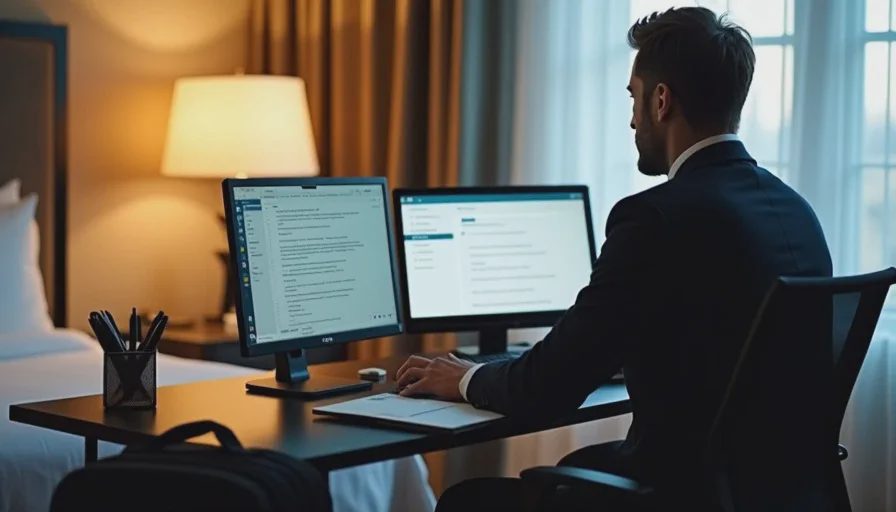 Business traveler using portable monitor on hotel desk.