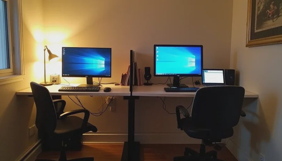 Side-by-side desks, folding screen, rolling cabinet at 6 p.m