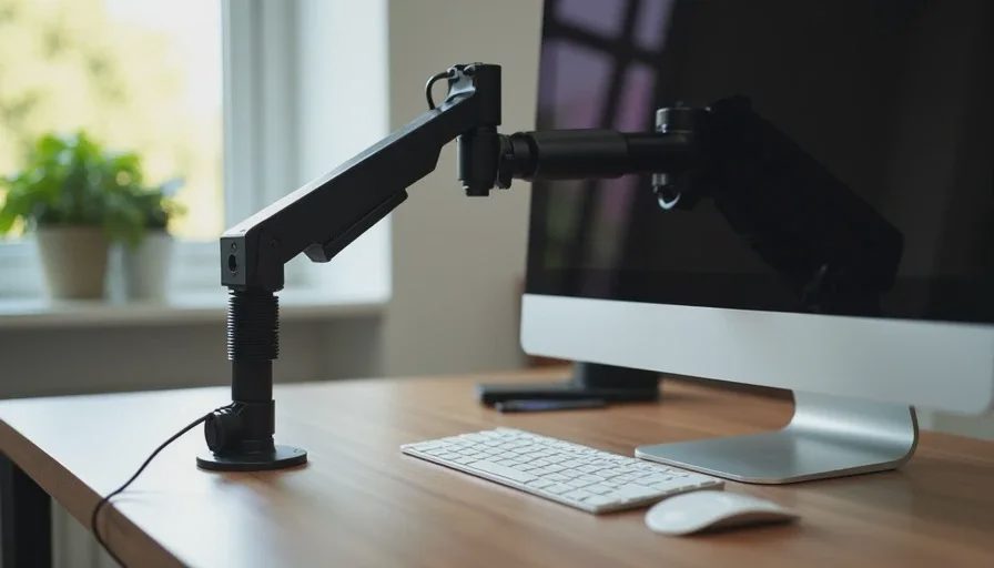 C-clamp monitor arm attached to desk edge, no drilling.