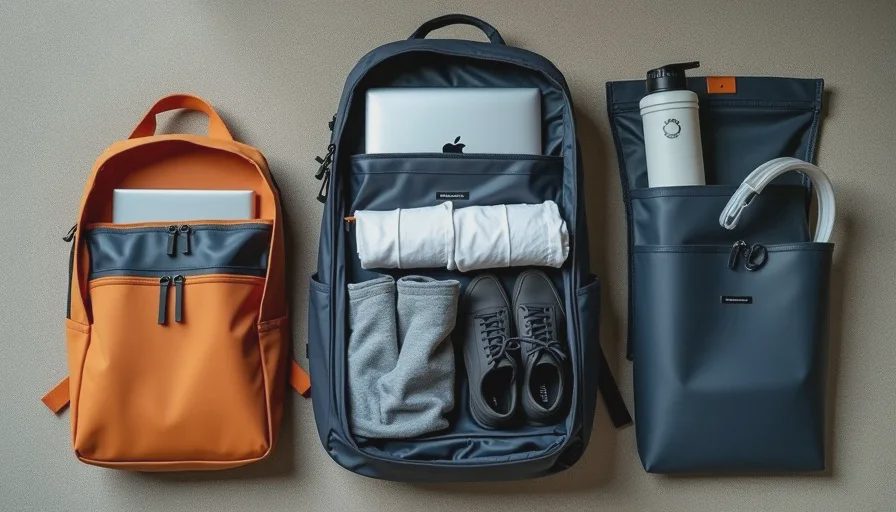 Bellroy Transit Workpack open flat with laptop, clothes, shoes, dry bag.