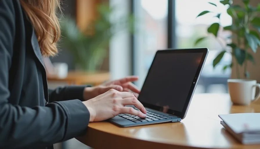 Person typing on tablet with slim mobile keyboard in café.