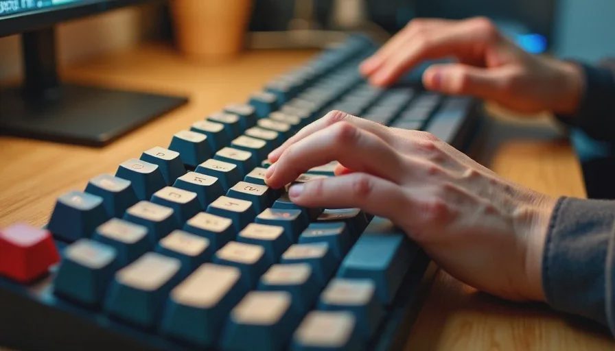 Mechanical keyboard with PBT keycaps beside worn membrane keyboard.