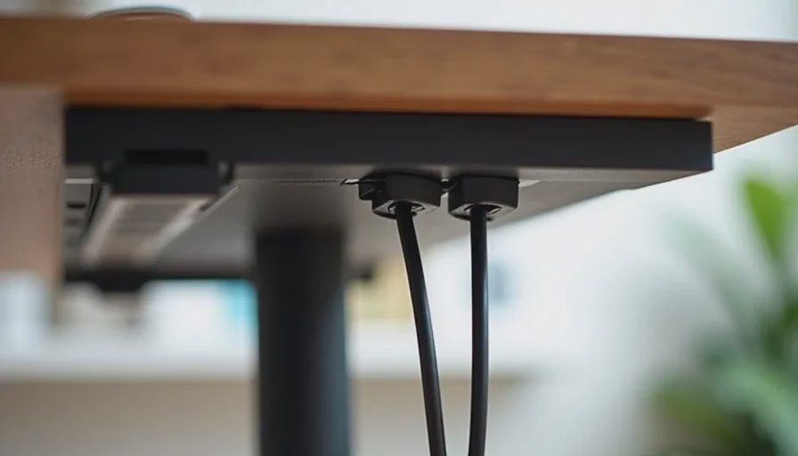 Adhesive cable clips and Velcro ties under desk, removable, no drilling.